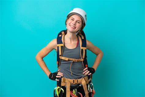 Mulher Jovem Alpinista Inglesa Isolada Em Fundo Azul Posando Bra Os