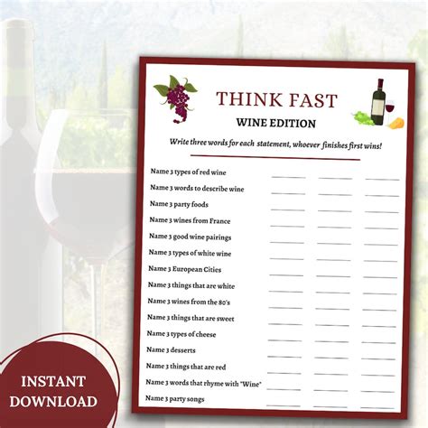 Wine Gamethink Fast Gamewine Party Gamewine Themed Gameprintable Wine