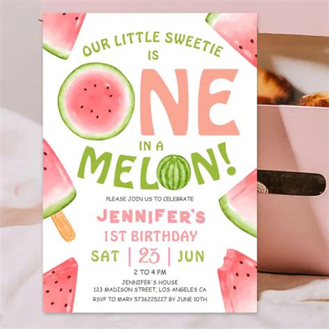 One In A Melon Girl Pink Watermelon 1st Birthday Invitation Zazzle