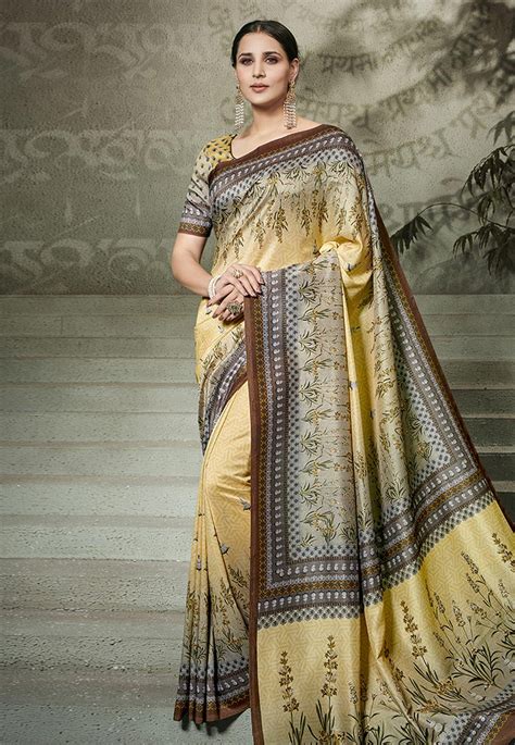 Yellow Tussar Silk Printed Saree With Blouse 190969 Saree Designs