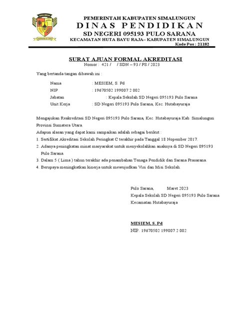 Surat Ajuan Formal Akreditasi Sekolah 93 Ps Pdf