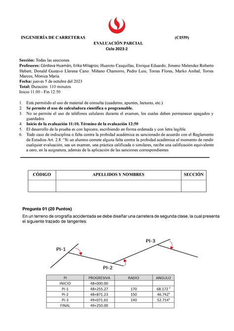 Ea Carreteras Examen Parcial Ingenier A De Carreteras Ci