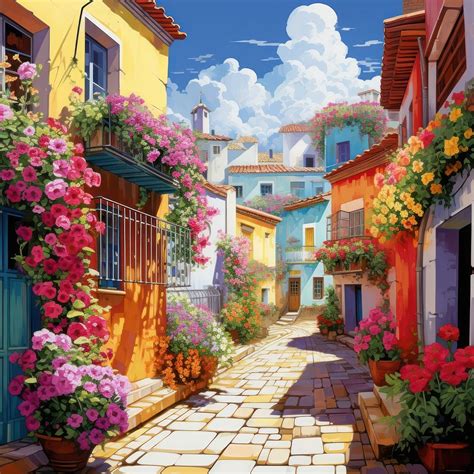 Houses facades street flower architecture. | Free Photo Illustration - rawpixel