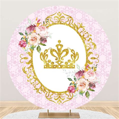 Circle Golden Crown Pink Theme Happy Birthday Backdrop - Lofaris