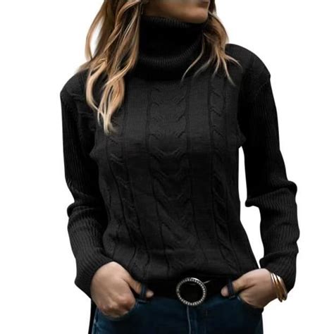 Pull Col Roul En Tricot Torsad Manches Longues Pour Femme Noir