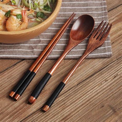 Wood Chopsticks Set Wooden Cutlery Set Natural Chestnut Fork Spoon