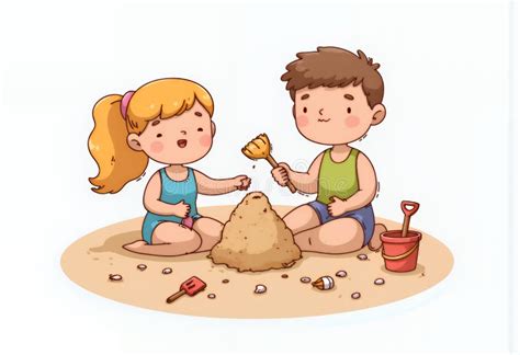 Playful Blonde Chibi Girl And Boy Constructing Sandcastle On White