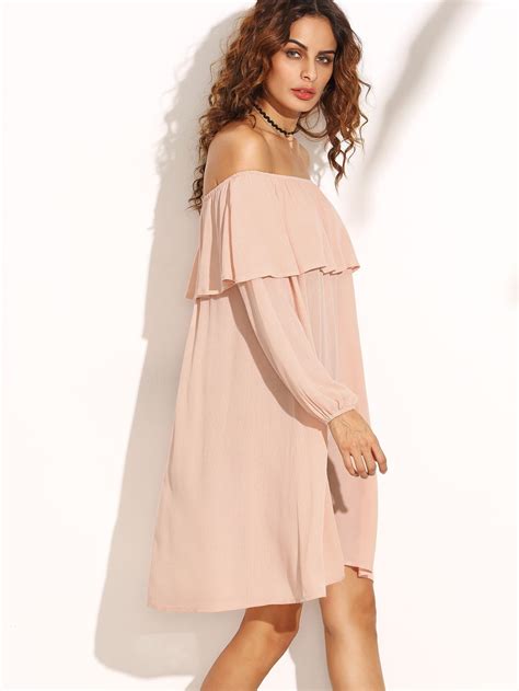 Pink Ruffle Off The Shoulder Swing Dress Shein Sheinside