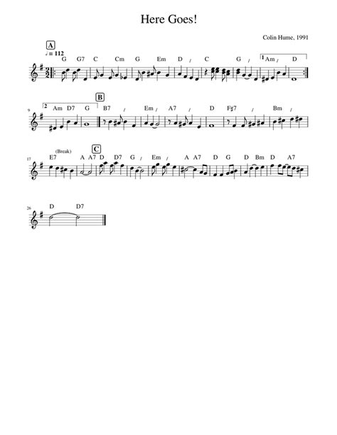 Colin Hume Here Goes Sheet Music For Piano Solo