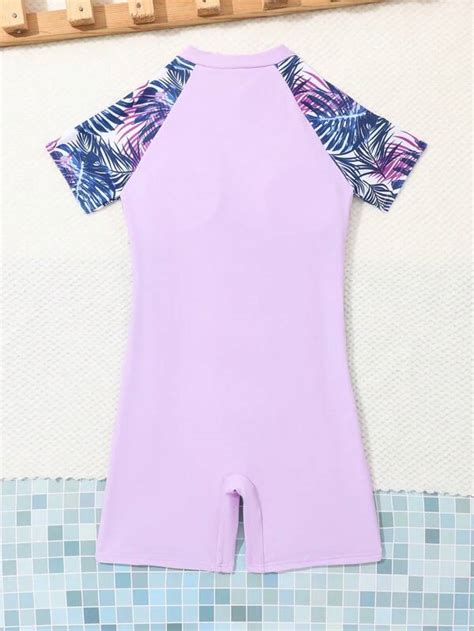 Girls Plant Print Zipper Front One Piece Swimsuit Shein Usa