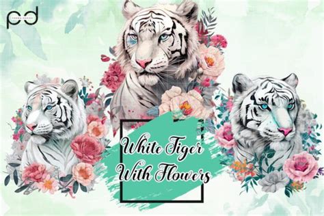 White Tiger With Flowers Watercolor Graphic By Padma Design Creative