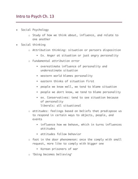 Intro To Psych Ch 13 13 • Social Psychology O Study Of How We Think