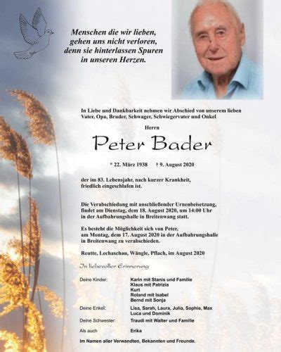 Erinnerung An Peter Bader Trauerportal Bestattungen Klaus Reutte