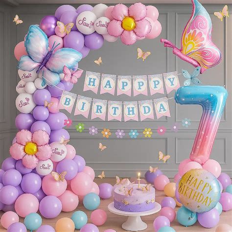 7th Birthday Decorations with Pink & Purple Butterfly Balloons and ...
