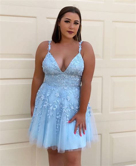 Plus Size Short Homecoming Dress Sky Blue Lace Short Prom Dress V Neck ...