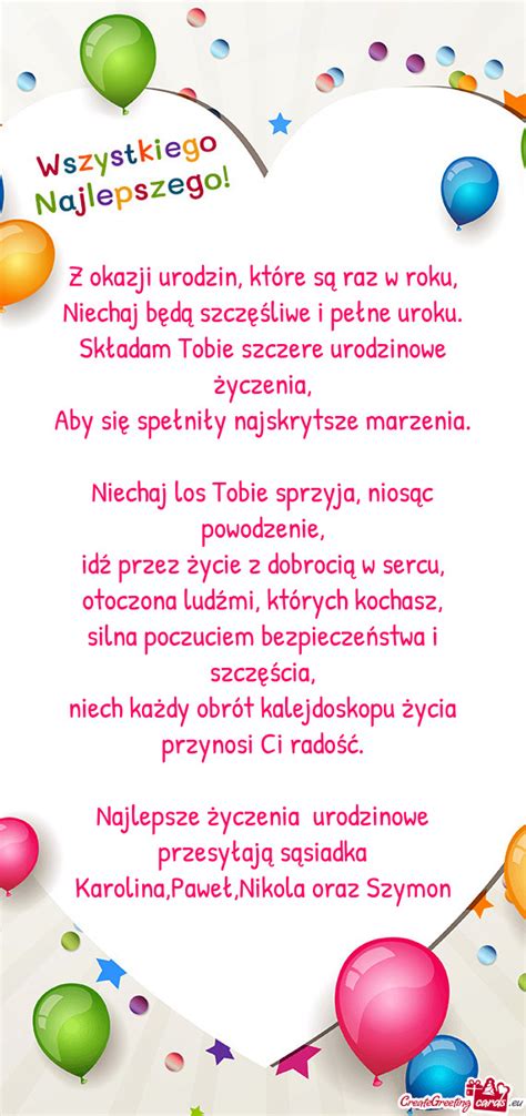 Najlepsze życzenia urodzinowe przesyłają sąsiadka Karolina Paweł Nikola