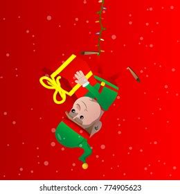 Elf Hanging Upside Down Holding Gift Stock Vector (Royalty Free ...