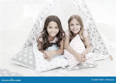 Sisters Or Best Friends Spend Time Together Lay In Tipi House Girls Having Fun Tipi House