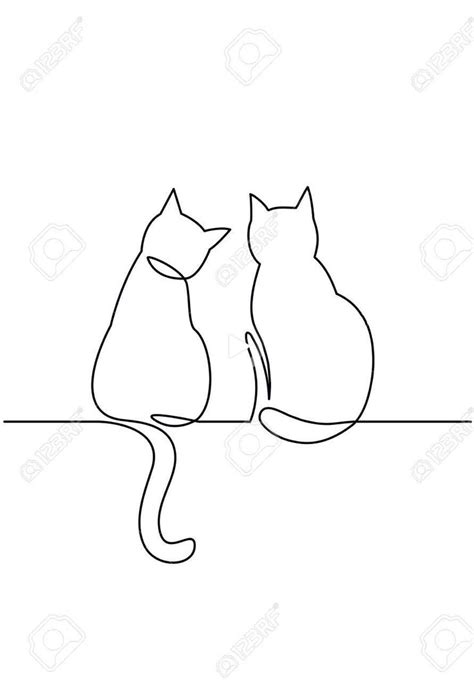 Continuous One Line Drawing Of Two Happy Cats Silhouettes Simple Ink