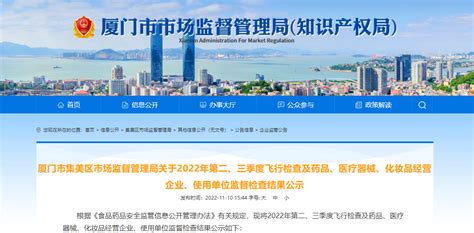 厦门市集美区市场监督管理局公示2022年第二、三季度药品、医疗器械、化妆品经营企业、使用单位监督检查结果 中国质量新闻网