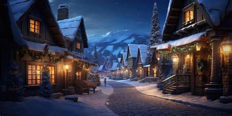 Premium AI Image | a snowy village at night with christmas lights