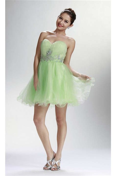 Cute Ball Strapless Short Lime Green Tulle Beaded Cocktail Prom Dress