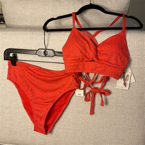 Jessica Simpson Swim Nwt Jessica Simpson Red Bikini With Silver Sparkles Full Set Size Small