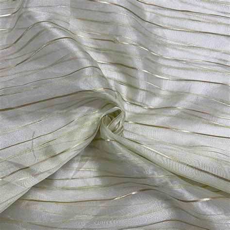 Green With Gold Lurex Stripes Organza Fabric Cotton Lurex Fabric