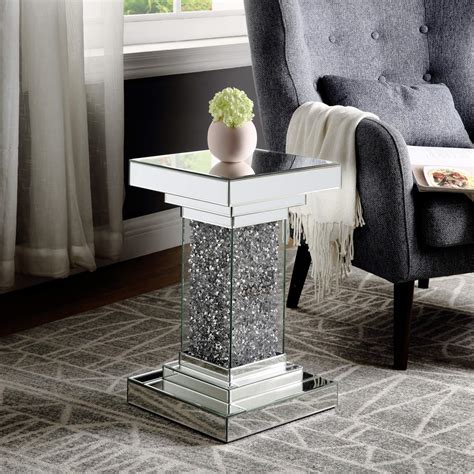 Mireo Mirrored End Table Mirror Side Table With Crystal Inlay Modern Crystal Diamond Silver