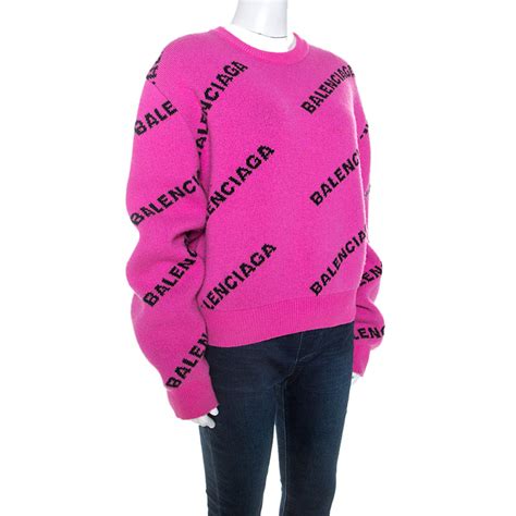 Balenciaga Pink Allover Logo Wool Crew Neck Sweater M Balenciaga Tlc