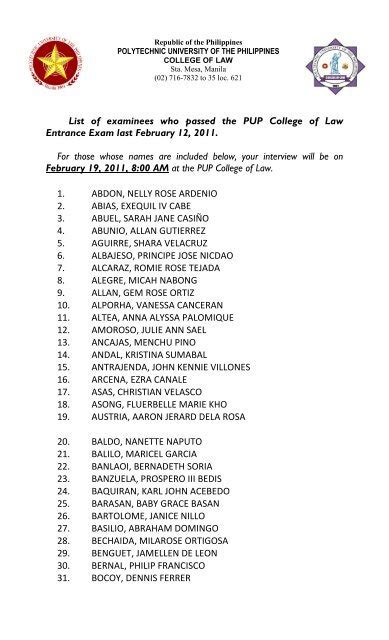 List of examinees who passed the PUP College of Law Entrance ...