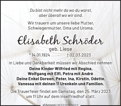 Traueranzeigen von Elisabeth Schröder Märkische Onlinezeitung