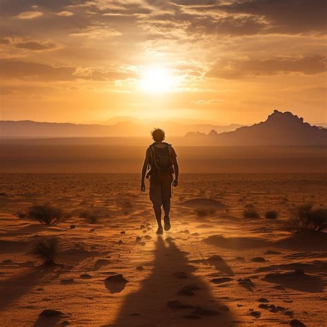 Un Hombre Camina Por El Desierto Al Atardecer Foto Premium