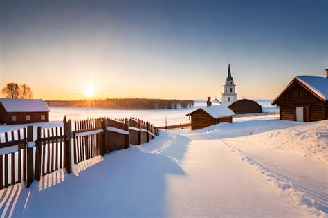 Premium Photo | A snowy landscape with a church in the foreground and a ...