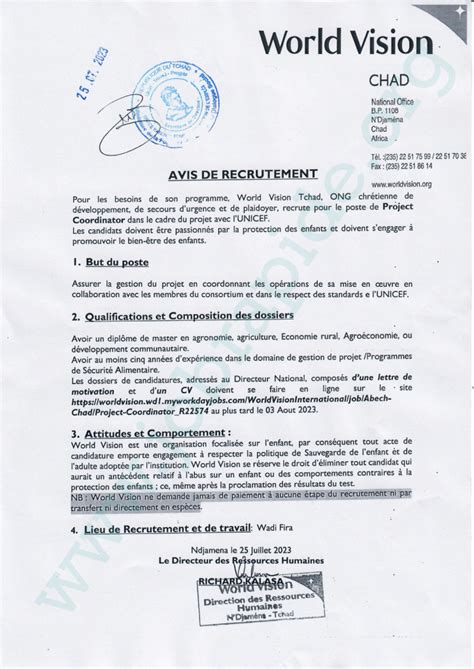 World Vision Recherche Un Coordinateur De Projet Wadi Fira Tchad