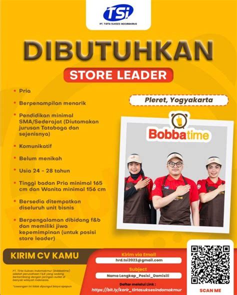 Lowongan Kerja Store Leader Di PT Tirta Sukses Indomakmur Bobbatime