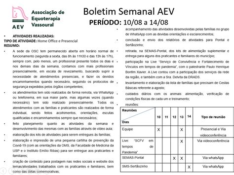 Boletim Semanal AEV 10 08 20 14 08 20 Associação de Equoterapia