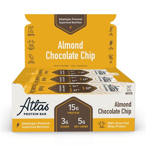 Atlas Bar Keto Friendly And Grass Fed Whey Protein Bar Almond Chocolate Chip 15g Protein 10