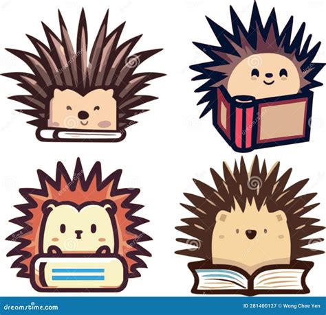 Hedgehog Porcupine Reading Book Vector Graphics Illustration Stock