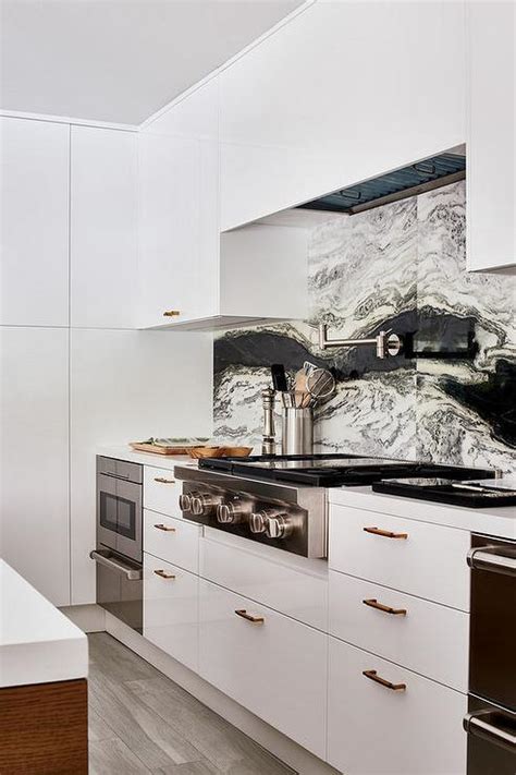 Black Marble Backsplash With Black Flat Front Cabinets Contemporary ...