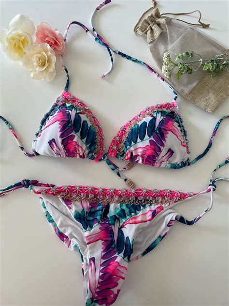 Floral Beaded Detail Triangle Bikini Pink Etsy