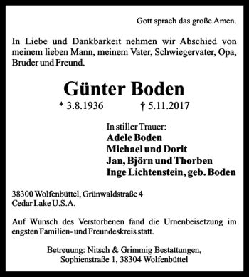 Traueranzeigen von Günter Boden trauer38 de