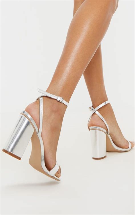 Silver Wide Fit Block Heel Strappy Sandal Silver Strappy Heels Prom Shoes Silver Silver