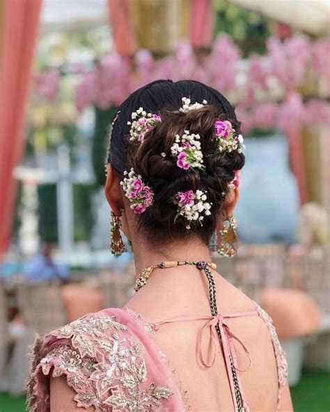 Elegant Pink Lehenga Bridal Bun Indian Bridal Hairstyles Brides Sister