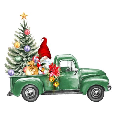 Premium Vector Watercolor Truck With Cute Christmas Gnome