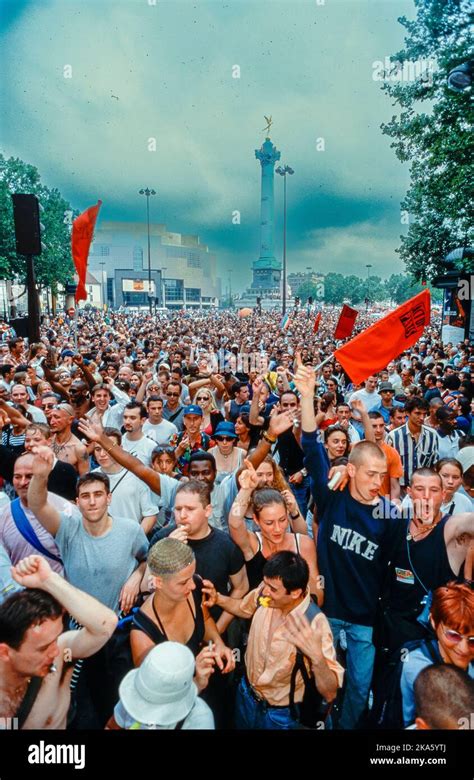 Paris France Large Crowd Scene From Above Dancing in Street LGBT Fierté Gay Pride March