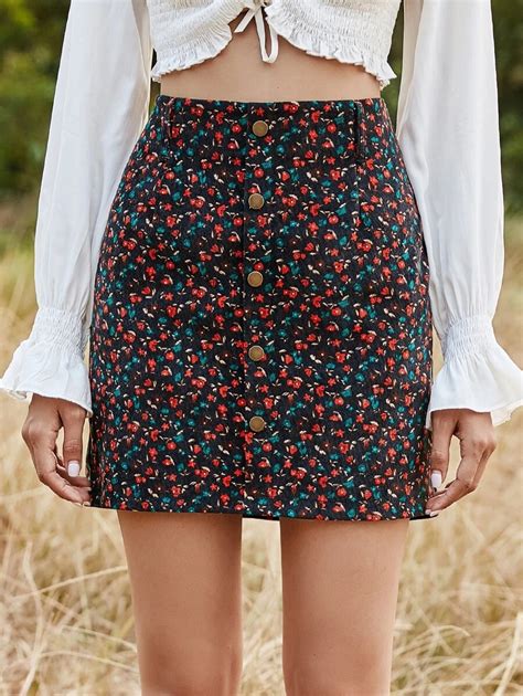 Ditsy Floral Button Front Skirt