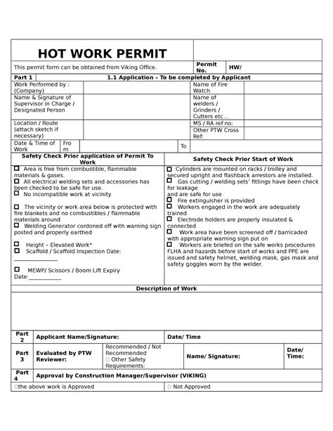 Hot Work Permit Hot Work Permit This Permit Form Can Be Obtained From Viking Office Permit No