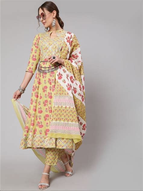 Anarkali Cotton Salwar Suits With Dupatta Stitched Yellow At Rs