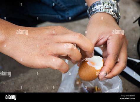Thai Man Peeling Shell Boiled Eggs After Cooking Boiling In Hot Spring Of Pa Tueng Hot Spring At